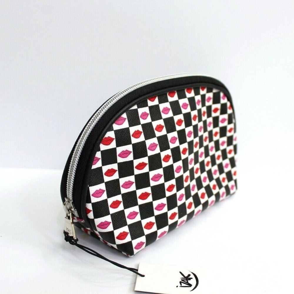 Izak Zenou Lip Prints Checkered Makeup Cosmetic Zip Case Bag